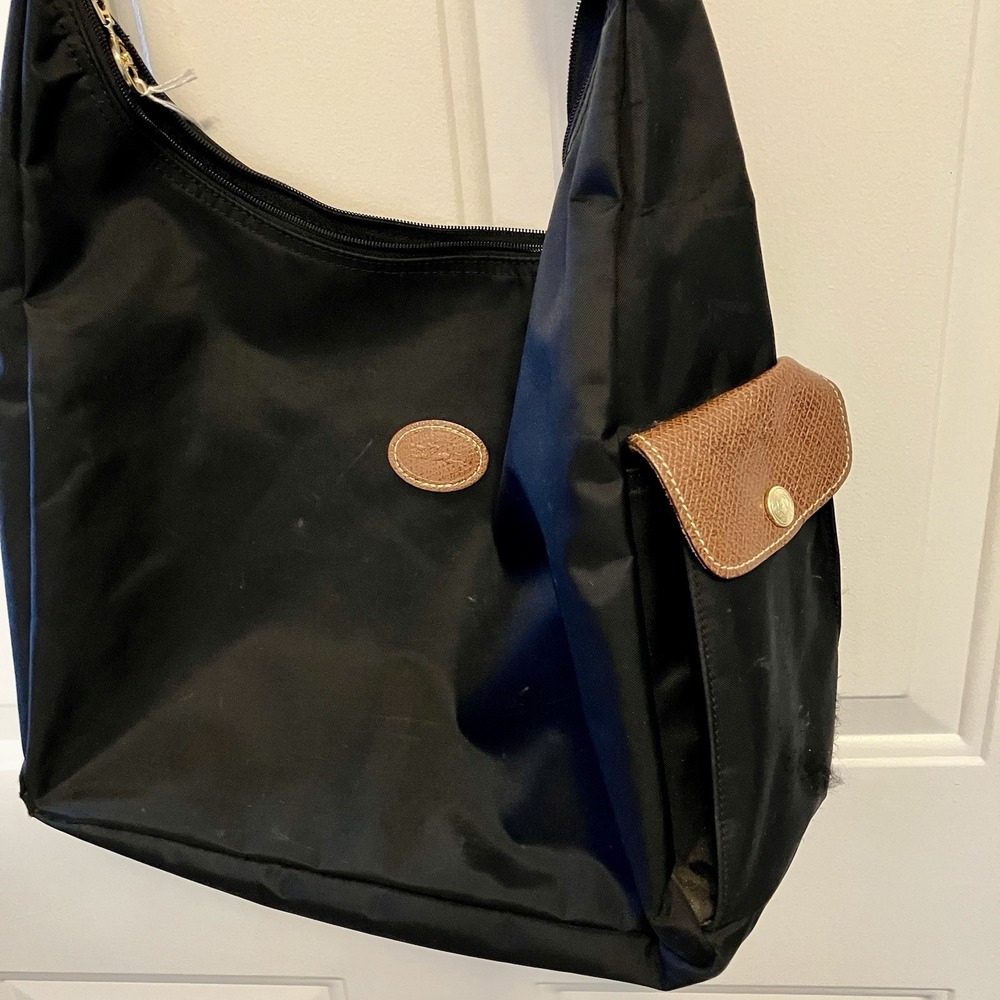 LONGCHAMP Le Pilage Black Hobo Shoulder Crossbody Bag Tote Canvas Strap